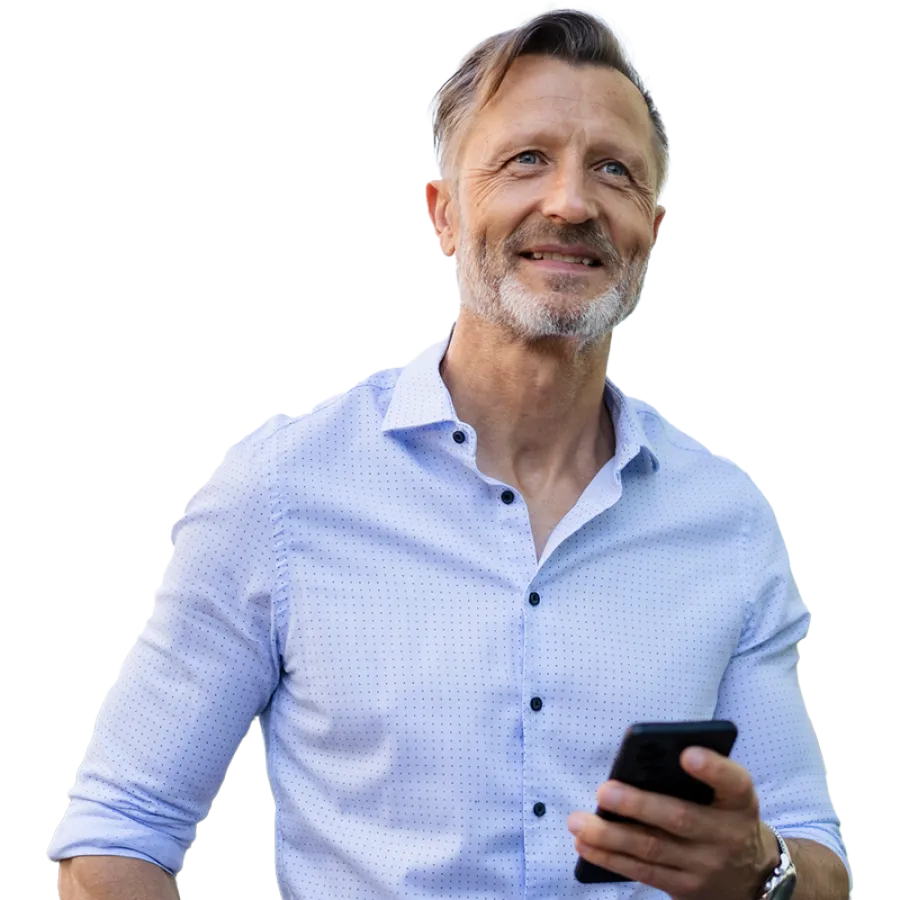 man holding phone and smiling